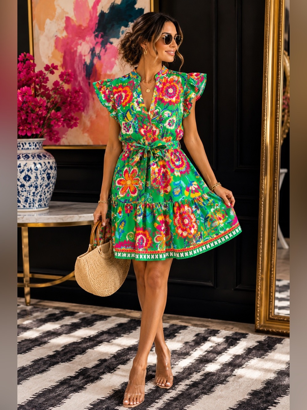 Flying Tomato Green Floral Ruffle Mini Dress Belted Cottagecore Boho Size S